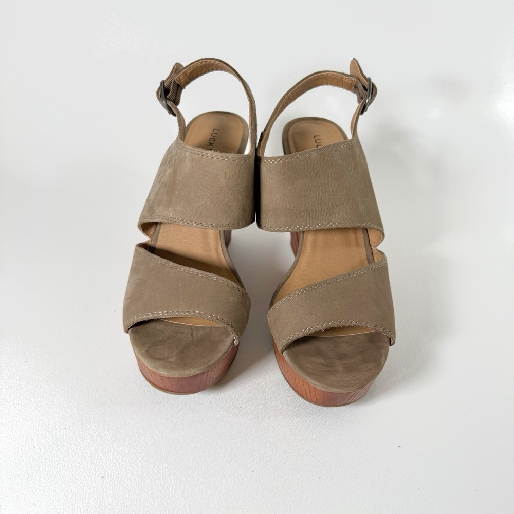 Lucky Brand Lattela Platform Sandal Wooden Wedge Heel Cut Out Taupe Women's 9.5M